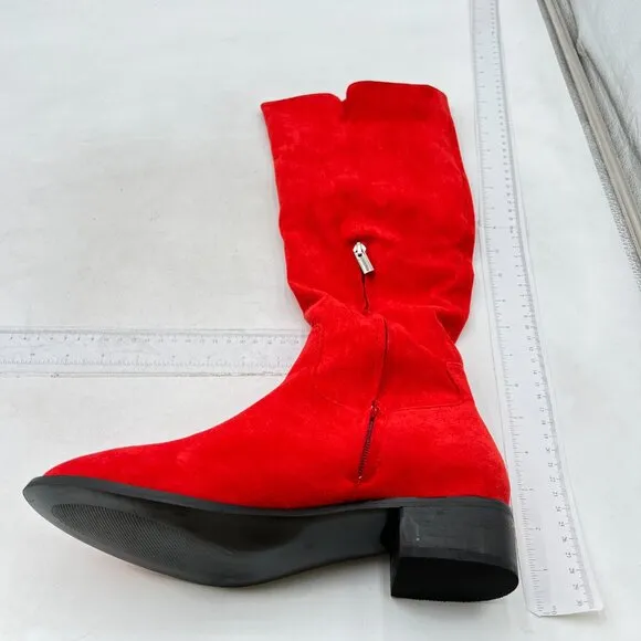 Red Women Almond Toe Knee High Boots with Partial Zipper Stretchy Long Boot