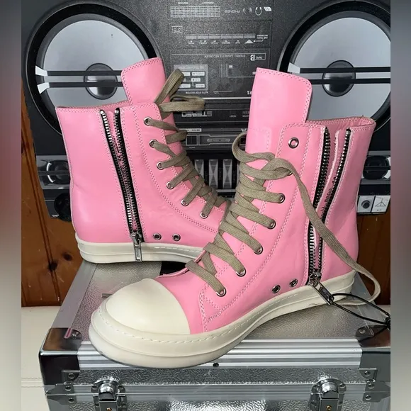 Rick Owens Dirty Pink Leather Hightop Sneakers