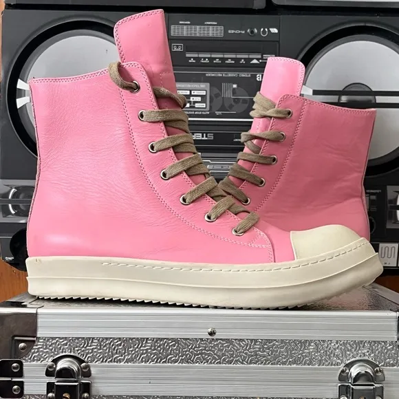 Rick Owens Dirty Pink Leather Hightop Sneakers