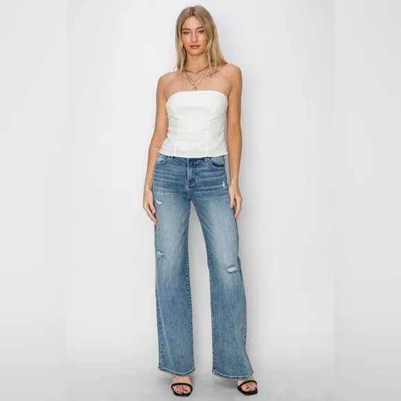 RISEN High Waist Distressed Wide Leg Jeans