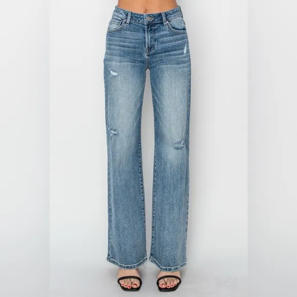 RISEN High Waist Distressed Wide Leg Jeans