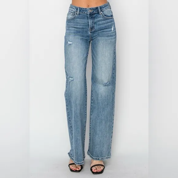 RISEN High Waist Distressed Wide Leg Jeans
