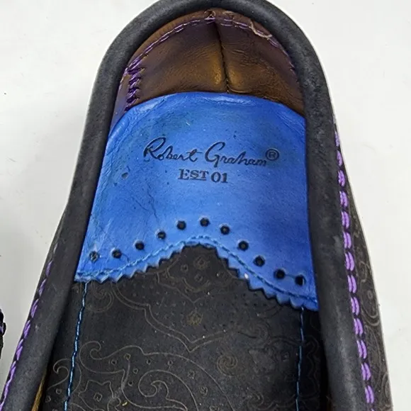 Robert Graham Verrazano Driving Black Leather Loafers Paisley Print Size 10.5