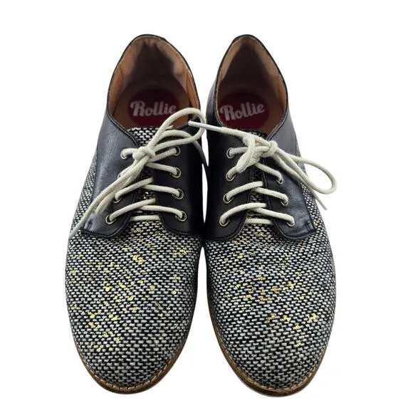 Rollie Derby Oxford Shoes Womens 6 37 Black Ivory Tweed Preppy Comfort Academia