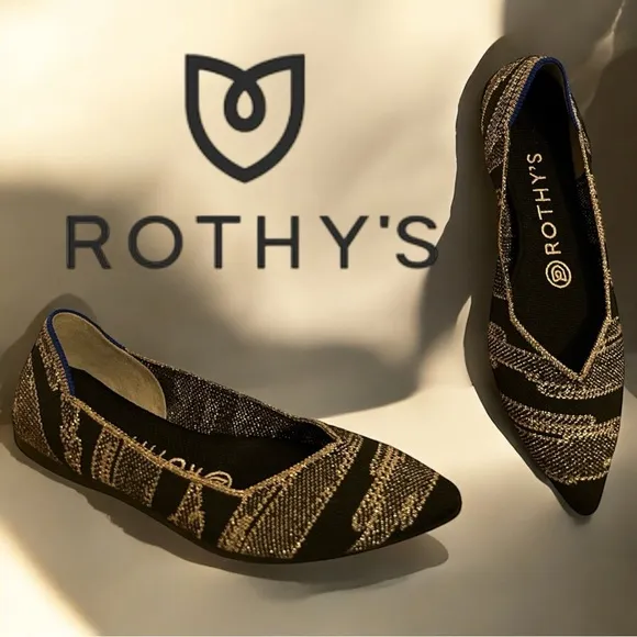 Rothy’s Golden Shimmer Gold Black Pointed Toe Ballet Evening Career Elegant Flat