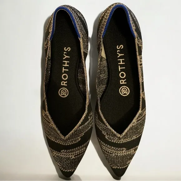 Rothy’s Golden Shimmer Gold Black Pointed Toe Ballet Evening Career Elegant Flat