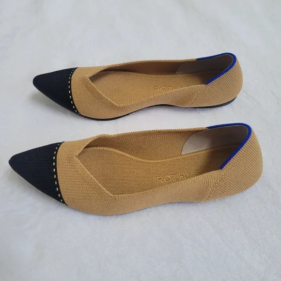 Rothy’s The Point II Captoe Flats Camel Black Knit Shoes Size 7