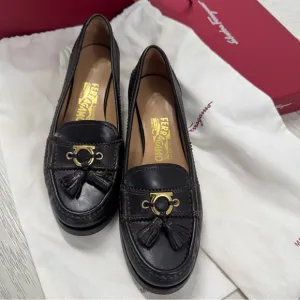 Salvatore Ferragamo Black Leather Loafers with Tassel