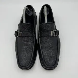 Salvatore Ferragamo Black Pebbled Leather Loafers W/Gancini Side Buckle Mens