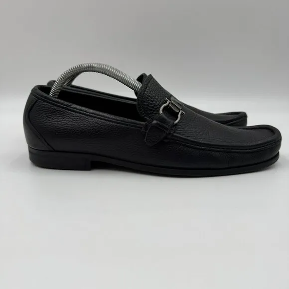 Salvatore Ferragamo Black Pebbled Leather Loafers W/Gancini Side Buckle Mens