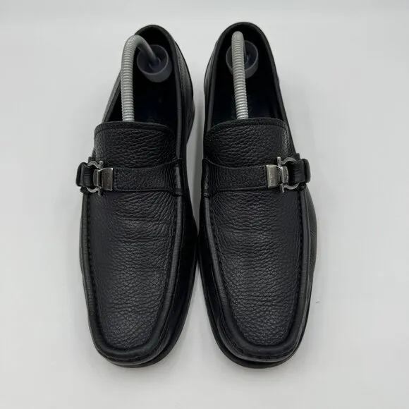 Salvatore Ferragamo Black Pebbled Leather Loafers W/Gancini Side Buckle Mens