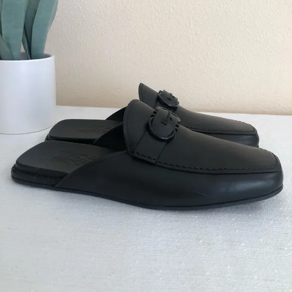 Salvatore Ferragamo Gancini Black Leather Squared Toe Mules Mens 8M