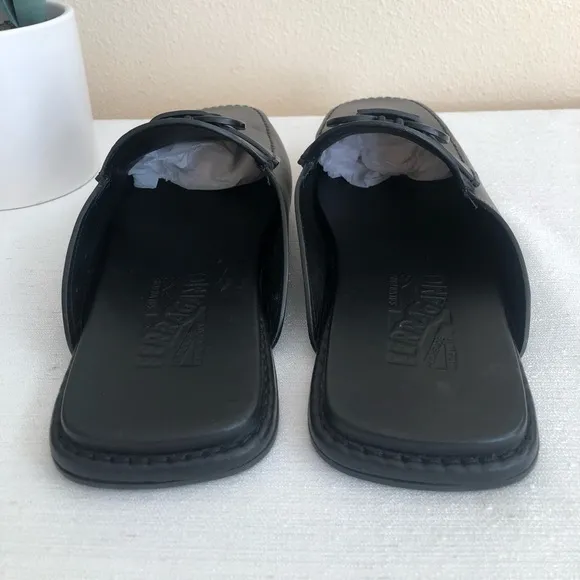 Salvatore Ferragamo Gancini Black Leather Squared Toe Mules Mens 8M