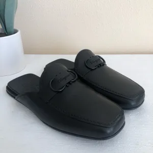 Salvatore Ferragamo Gancini Black Leather Squared Toe Mules Mens 8M
