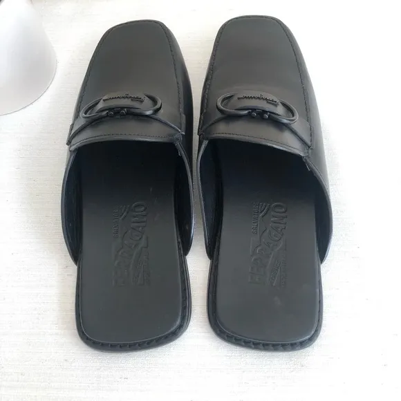 Salvatore Ferragamo Gancini Black Leather Squared Toe Mules Mens 8M