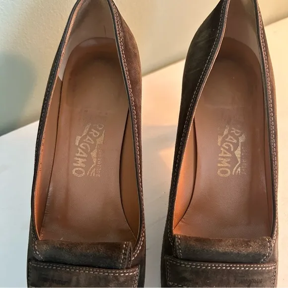 Salvatore Ferragamo Italian Olive Green Suede Heel, Loafer Style