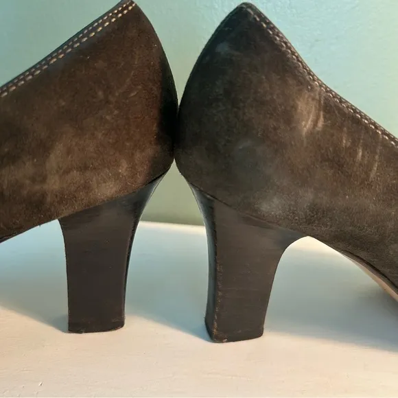 Salvatore Ferragamo Italian Olive Green Suede Heel, Loafer Style