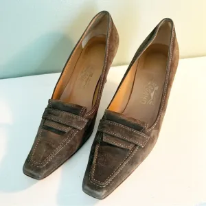 Salvatore Ferragamo Italian Olive Green Suede Heel, Loafer Style