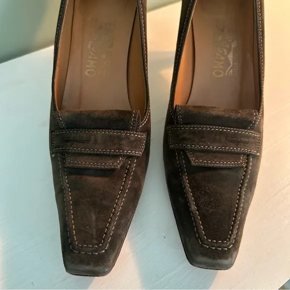 Salvatore Ferragamo Italian Olive Green Suede Heel, Loafer Style