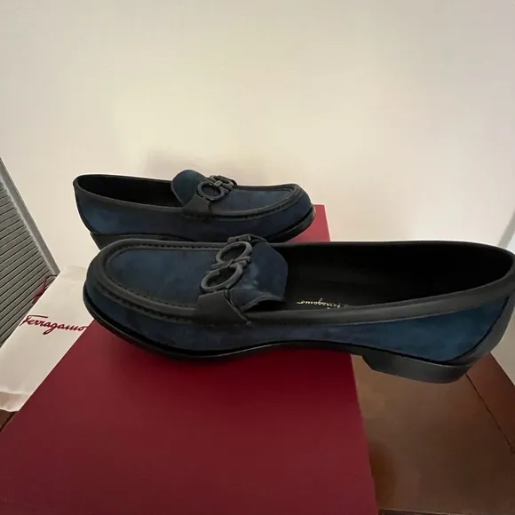 Salvatore Ferragamo Women Blue Suede Loafers