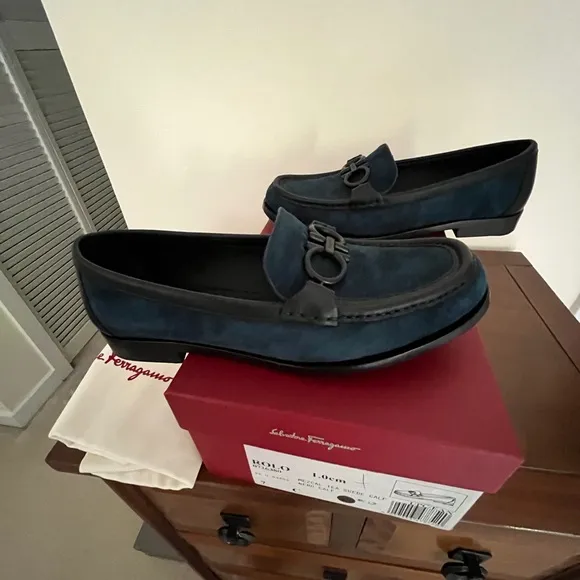 Salvatore Ferragamo Women Blue Suede Loafers