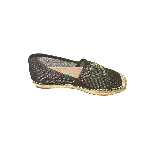 Sam Edelman Black Mesh Slip-On Espadrilles w/Embellished Gold-Tone Accent Size 7