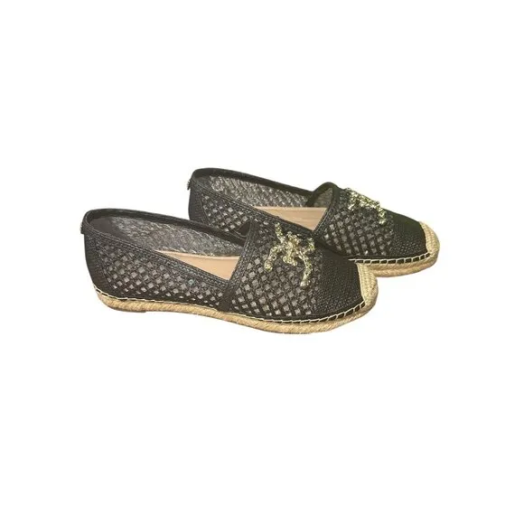 Sam Edelman Black Mesh Slip-On Espadrilles w/Embellished Gold-Tone Accent Size 7
