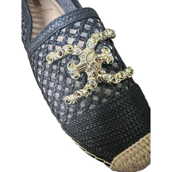 Sam Edelman Black Mesh Slip-On Espadrilles w/Embellished Gold-Tone Accent Size 7