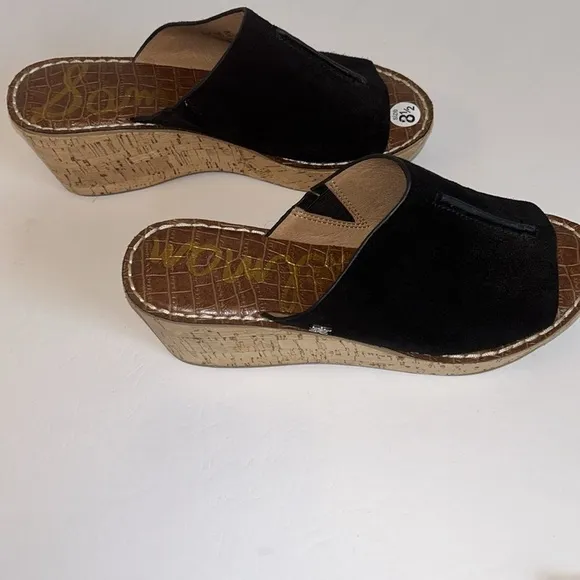 Sam Edelman Black Suede Leather &amp; Cork Platform Slides  Women’s Size 8 1/2
