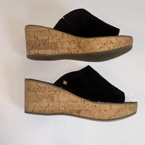 Sam Edelman Black Suede Leather &amp; Cork Platform Slides  Women’s Size 8 1/2