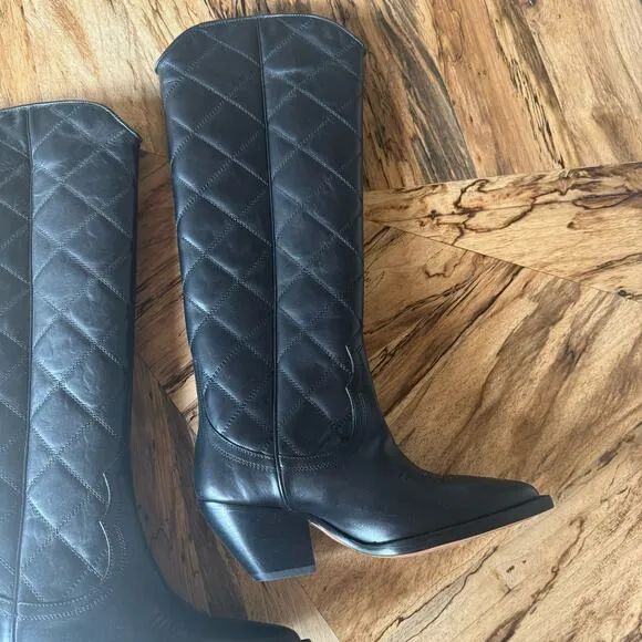 Sandro Quilted Leather Tall Cowboy Boots in Black