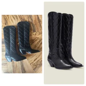 Sandro Quilted Leather Tall Cowboy Boots in Black