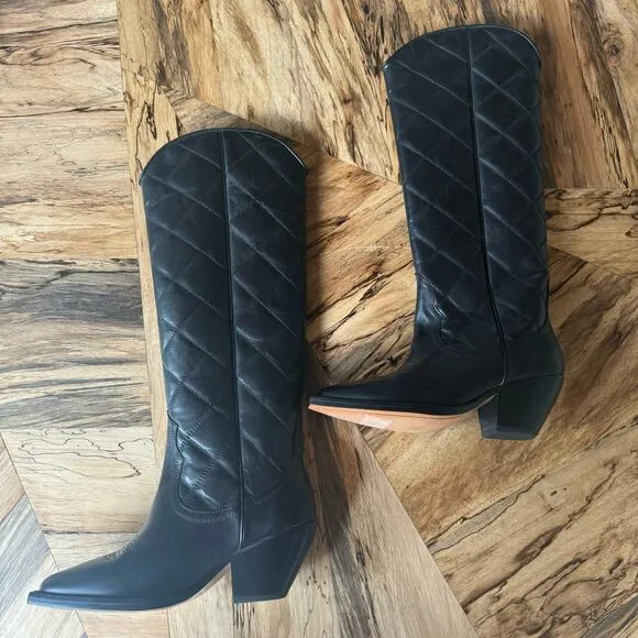 Sandro Quilted Leather Tall Cowboy Boots in Black