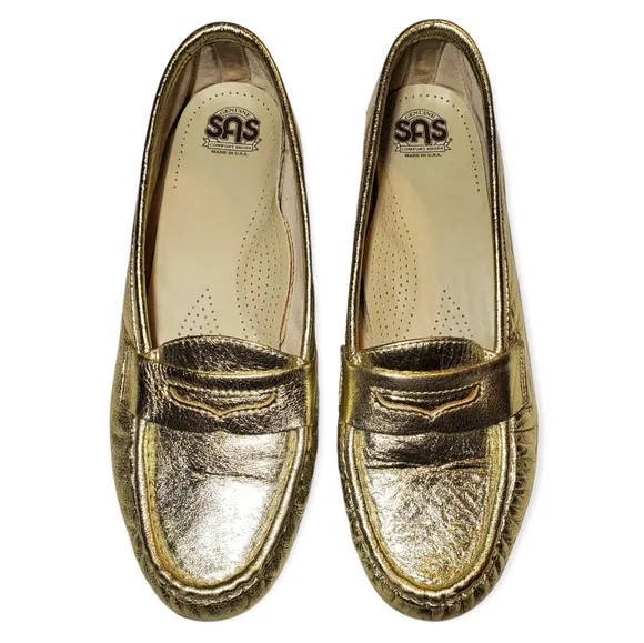 SAS Tripad Comfort Shiny Metallic Gold Wink Leather Penny Loafers 7M