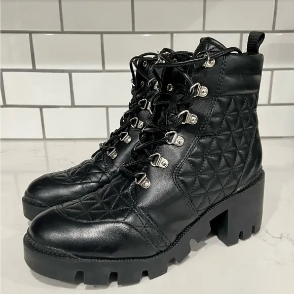 Schutz Cory Black Leather Quilted Women’s Combat Boots Size 6.5 New