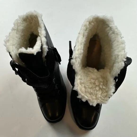 Schutz Zhara Black Leather Sherpa Lined Heeled Lace up Boots NEW Size 7