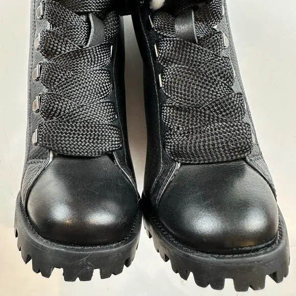 Schutz Zhara Black Leather Sherpa Lined Heeled Lace up Boots NEW Size 7