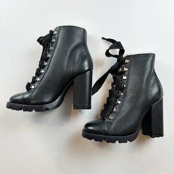 Schutz Zhara Black Leather Sherpa Lined Heeled Lace up Boots NEW Size 7