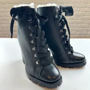 Schutz Zhara Black Leather Sherpa Lined Heeled Lace up Boots NEW Size 7
