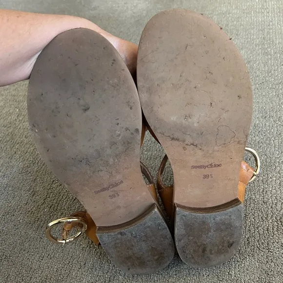 See By Chloe Lyna Sandals Tan Leather Flats Sz 9.5