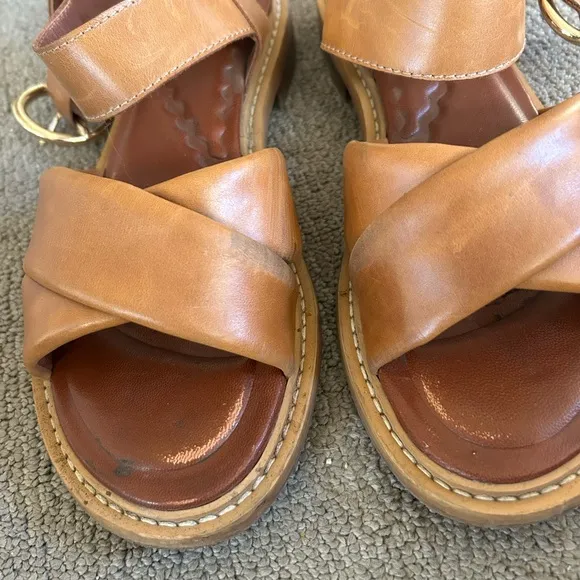 See By Chloe Lyna Sandals Tan Leather Flats Sz 9.5