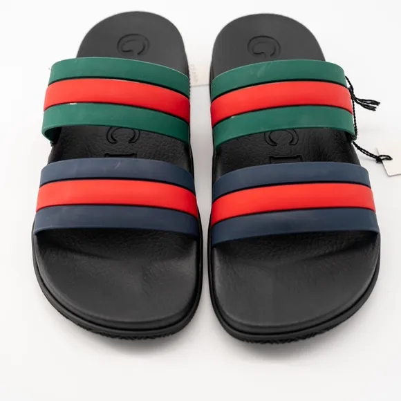 size G 10 US 10.5 - Gucci Web Rubber Slides Sandals Black Red Green Blue