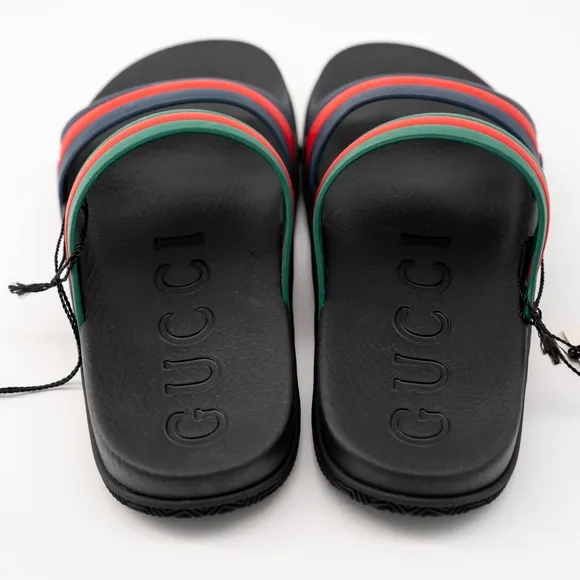 size G 10 US 10.5 - Gucci Web Rubber Slides Sandals Black Red Green Blue