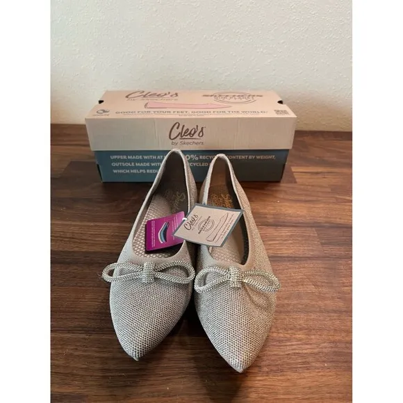 Skechers Cleo Point Flats Women's 9 Beige Taupe Glitzy Haze Knit Bow