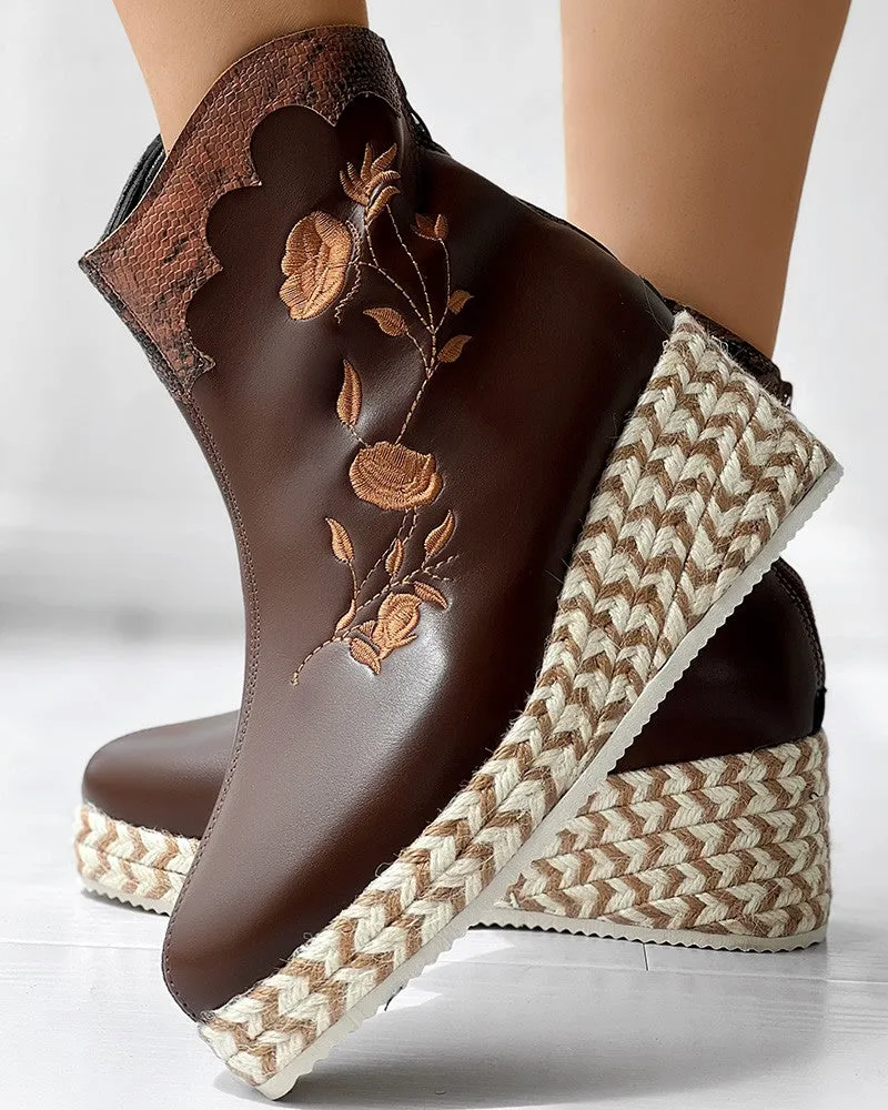 Snakeskin Floral Embroidery Espadrilles Platform Ankle Boots