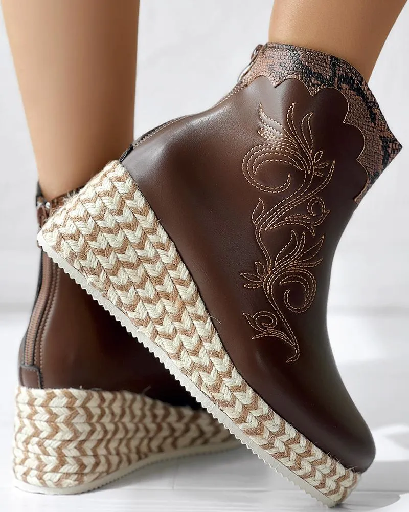 Snakeskin Floral Embroidery Espadrilles Platform Ankle Boots