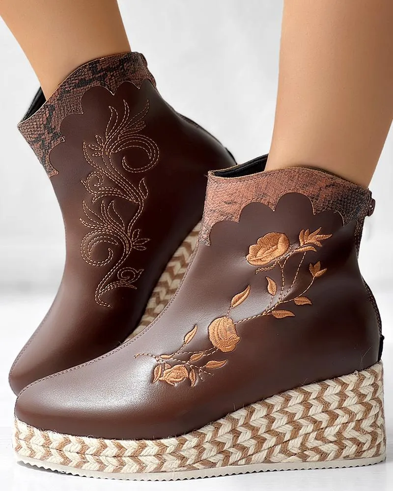 Snakeskin Floral Embroidery Espadrilles Platform Ankle Boots