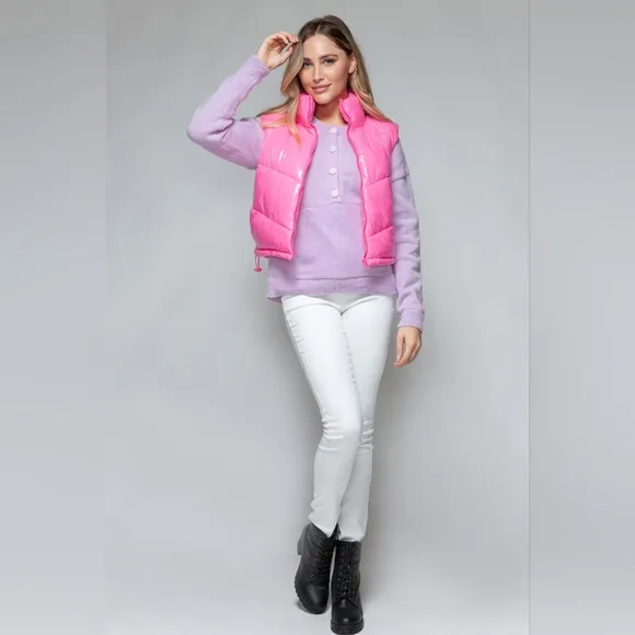 Snobbish Zip Up Turtleneck Shiny Quilted Puffy Vest