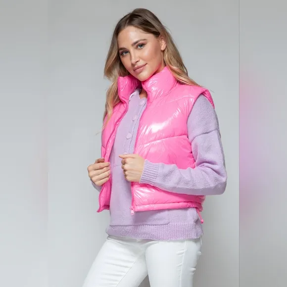 Snobbish Zip Up Turtleneck Shiny Quilted Puffy Vest