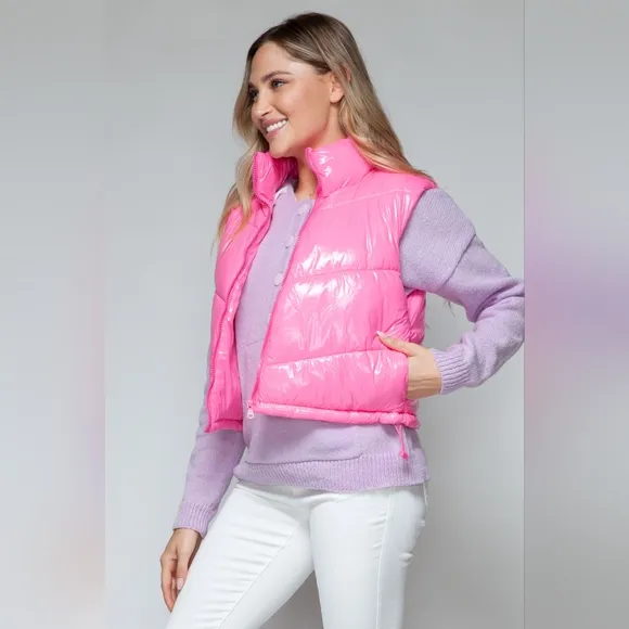 Snobbish Zip Up Turtleneck Shiny Quilted Puffy Vest